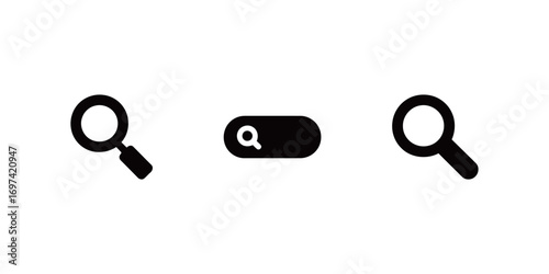 Set of magnifying glass and search icons, for finding information, data, and user interface elements