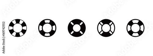 A set of lifebuoy icons, in various styles, symbolizing safety, security, and rescue in water