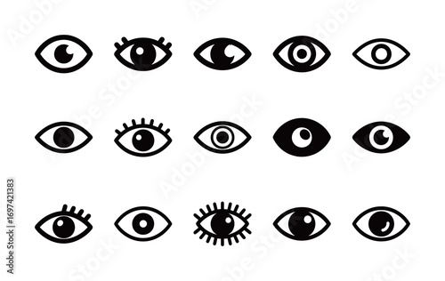 A collection of eye icons, in various styles, symbolizing vision, view, security, and digital privacy