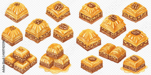 A set of isometric watercolor illustrations featuring various traditional baklava desserts with nuts and sweet syrup.
