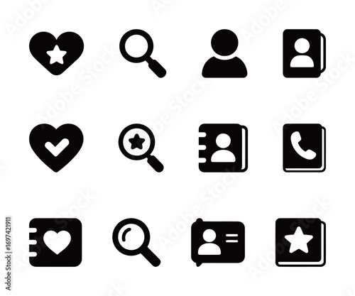 Set of contact and address book icons, including profile, search, and favorites, for mobile apps and directories