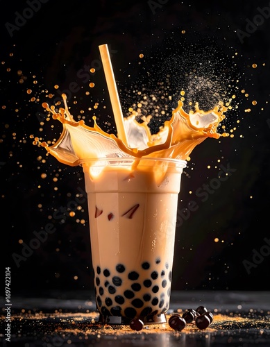 Refreshing and creamy bubble tea or milk tea with tapioca pearls, ice, and straw splashing, ideal for beverages, drinks, and dessert themes