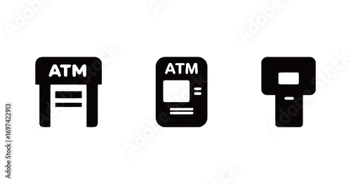 Set of ATM machine icons, in various styles for banking, finance, and cash withdrawal services