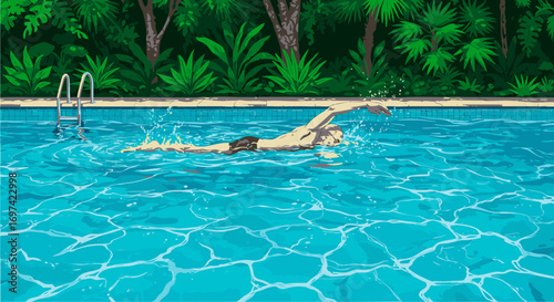 A male athlete doing the front crawl stroke in a bright blue swimming pool, rendered in a nostalgic 16-bit pixel art style with a lush tropical jungle background