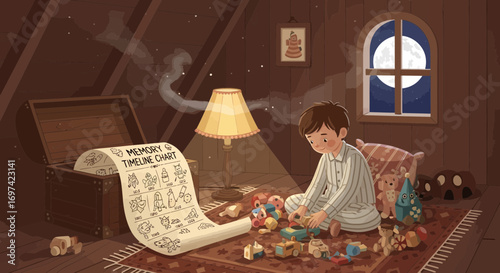 Nostalgic Childhood Memories: A Boy Plays with Toys in an Attic Under the Moonlight reminiscing