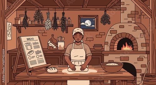 Illustration of a baker kneading dough in a rustic kitchen with a wood-fired oven atmosphere