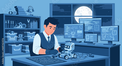 Illustrative depiction of a man engineering a small robot in his workspace at night