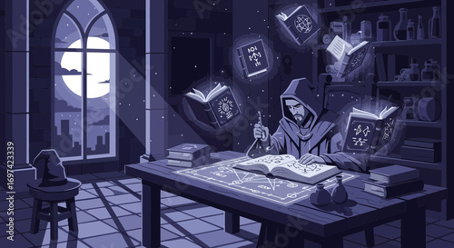 An Illustration of a Wizard Conjuring Spells in His Study Under the Moonlight Creating Magic