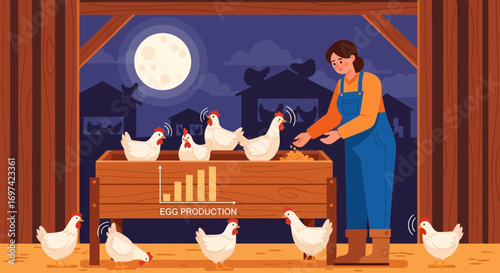 Illustration depicting a farmer feeding chickens with rising egg production indicated by a graph
