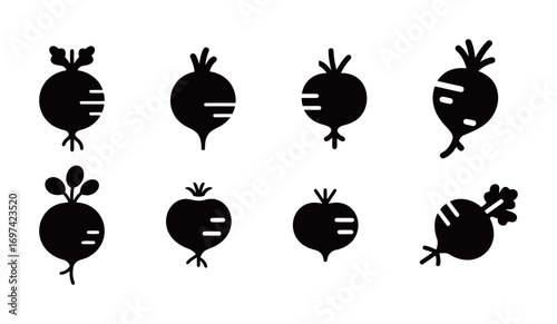 A collection of radish icons, in various styles and shapes, for vegetables, farming, and cooking ingredients