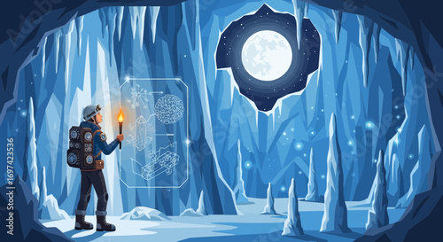 Exploring a Crystal Cave at Night A Cartoon Depiction of Adventure and Mystery
