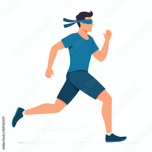 Vector illustration of a blindfolded man running, a funny runner vector in a dynamic pose against a clean white background, conveying a determined mood with flat style and teal
