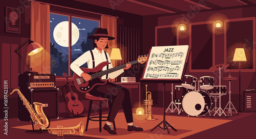 Illustration showcasing a jazz musician playing bass in a cozy, vintage-style music room filled