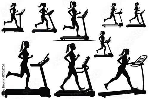 Multiple female silhouettes running on treadmills woman