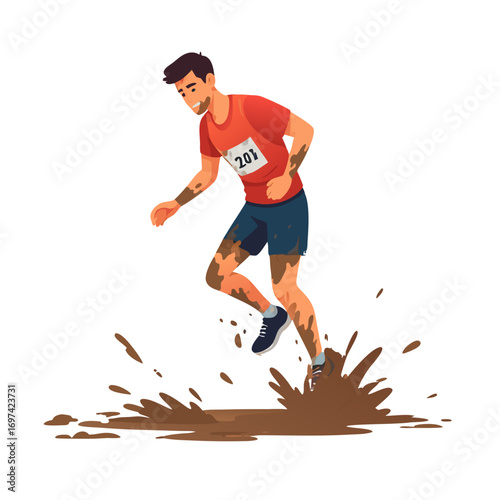 A funny runner vector illustration of a man wearing a red shirt and blue shorts running through mud with a big splash