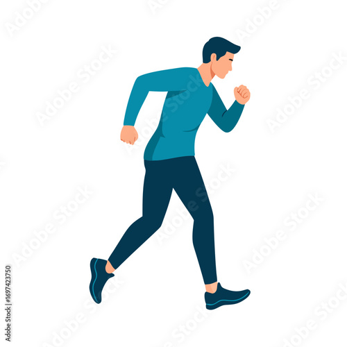 A funny runner vector illustration of a man wearing blue clothes running in a dynamic pose with a carefree expression on his face in a plain white background