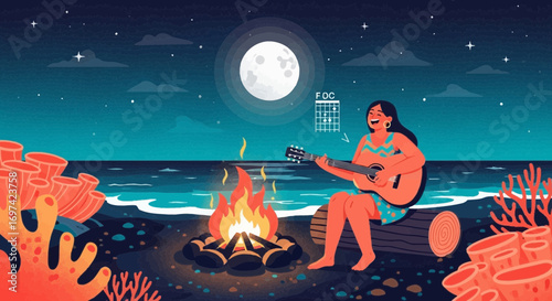 Woman playing guitar on a beach with a bonfire under the moonlight illustration