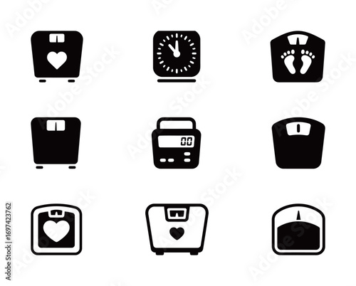 A collection of weight scale and fitness icons, for health, diet, and monitoring progress