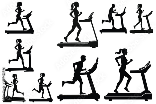 Silhouettes of people running on treadmills fitness