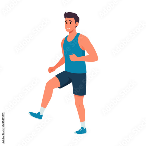 a funny runner vector illustration of a smiling man wearing a blue tank top and shorts running energetically in a plain white background with a carefree expression