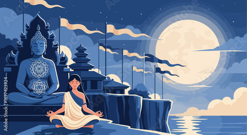 Serene meditation scene featuring a woman in lotus position and buddha statue at night peaceful