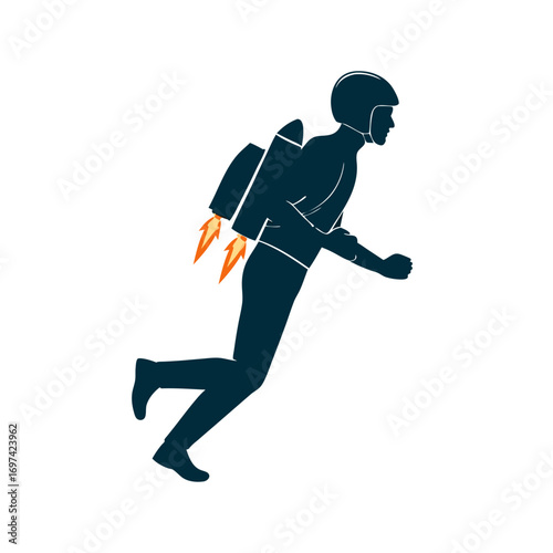 funny runner vector with rocket pack running fast in space suit with flames coming out