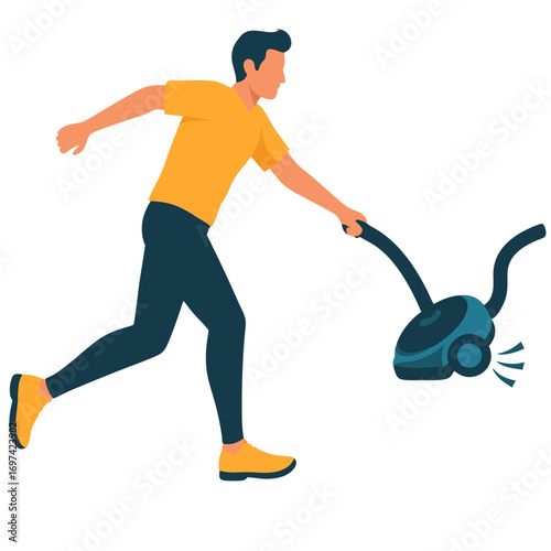 A funny runner vector illustration of a man in motion running with a vacuum cleaner in a playful and humorous way outdoors