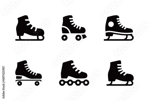 A collection of roller skates and ice skates icons, in various styles for hobbies and recreational sports