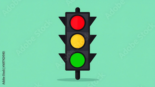 Cartoon Traffic Light Illustration with Red, Yellow, and Green Lights on a Teal Background