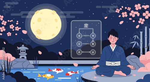 Serene Asian Illustration: Meditating Figure, Full Moon, Cherry Blossoms, and Koi Pond Scene