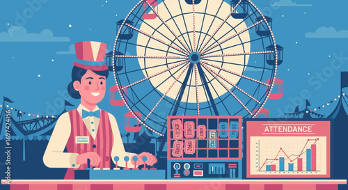 Vintage carnival atmosphere illustration with ticket seller and ferris wheel nostalgic fairground