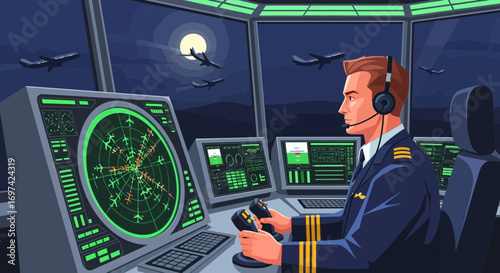Air traffic controller overseeing radar screens in a modern control tower at night