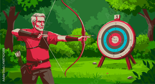 Illustration of a focused senior man aiming a bow and arrow at a target, embodying concepts of precision, goals, and active lifestyle