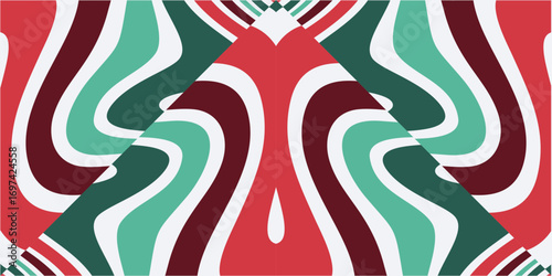 A festive abstract pattern with flowing lines in traditional Christmas colors evoking a sense of holiday cheer and celebration.