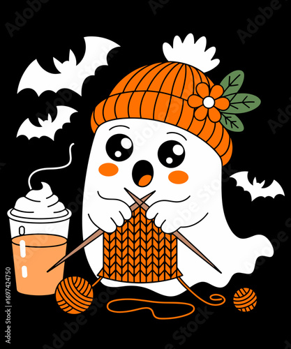Retro Cute Ghost Crochet Knitting Lover Halloween Coffee