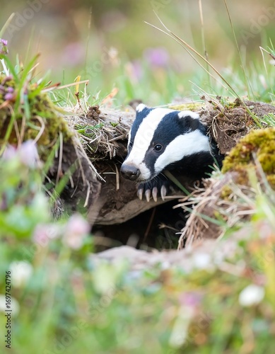 A badger peeks out from a burrow in a lush, springtime meadow.