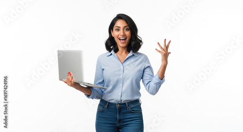 Young indian excited woman holding laptop on white background