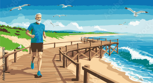Active senior man running on a scenic wooden boardwalk by the sea, a digital pixel art illustration of a healthy lifestyle