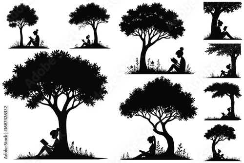 Silhouettes of people reading books under trees person