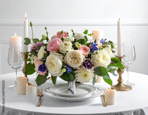 Elegant Table Setting with Floral Centerpiece and Candles