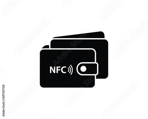 Black Wallet with NFC Payment Symbol, Contactless Technology, Vector Illustration
