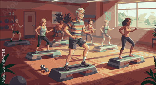 Active Seniors Aerobics Class Illustration