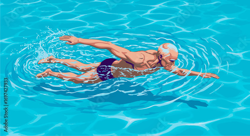Illustration of a mature man swimming freestyle stroke in a clear blue swimming pool creating ripples on the water's surface
