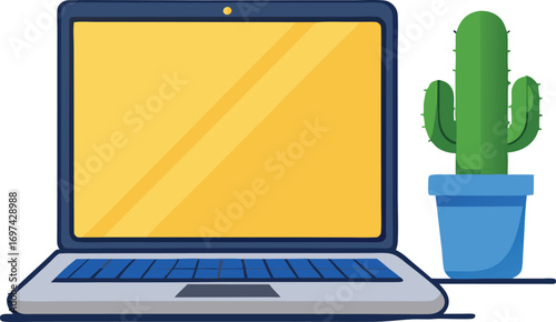 Flat design laptop with yellow screen and blue keyboard next to a green cactus in a blue pot