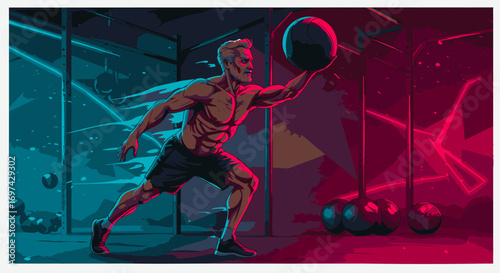 Muscular man intensely training with a medicine ball in a vibrant, neon-lit gym, demonstrating power and dedication during a high-intensity workout session