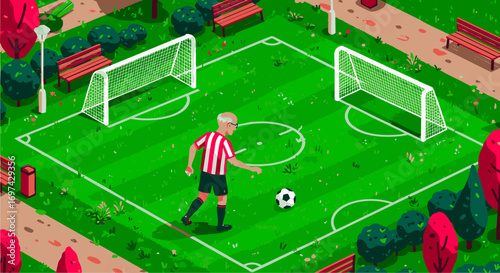 Isometric illustration of an active senior man practicing soccer alone on a small pitch in a city park setting with benches and trees