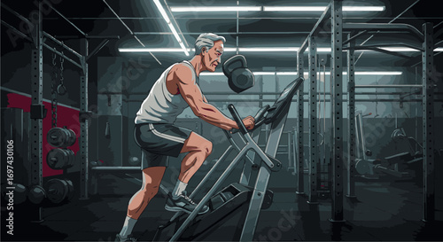Illustration of a fit elderly man on a stair climbing machine, dedicated to his health and wellness routine in a contemporary fitness center
