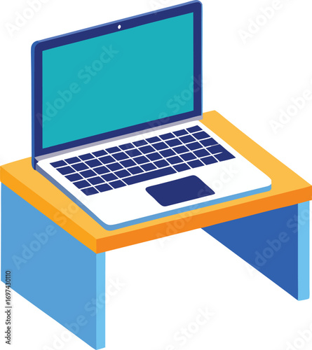 Isometric laptop on orange and blue desk vector illustration computer technology