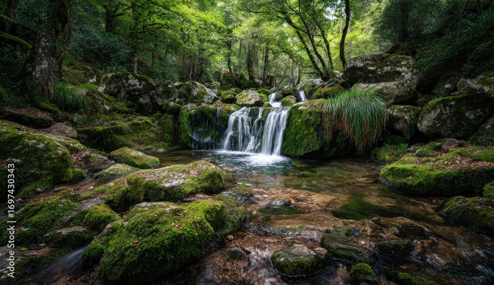 Fototapeta premium Lush forest stream cascades over mossy rocks