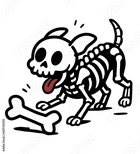 Skeleton dog cartoon with bone Halloween illustration